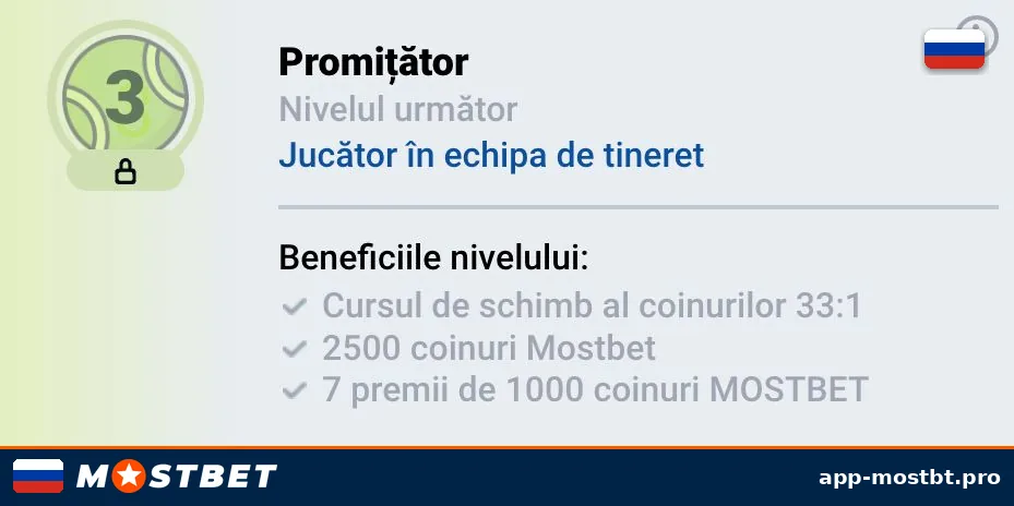 Экран программы лояльности Mostbet: текущий уровень, шкала прогресса и накопленные коины